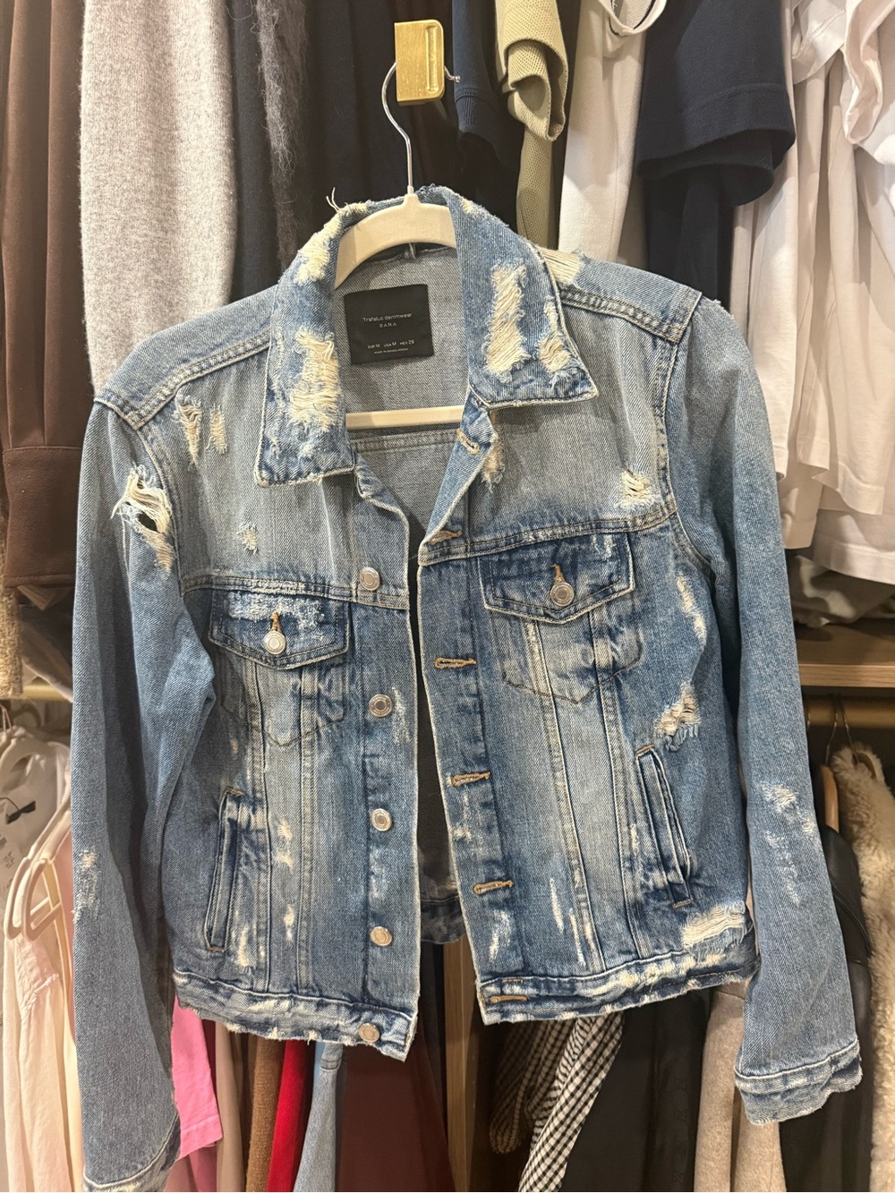 Zara Distressed Light Wash Denim Jacket